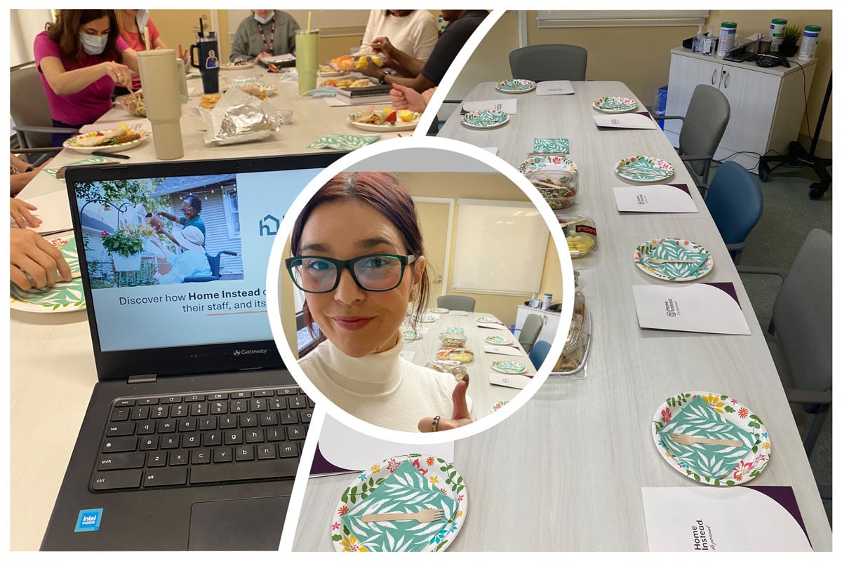 A collage of three images showing a Lunch and Learn event hosted by Home Instead's Amanda at Hamilton Health Sciences