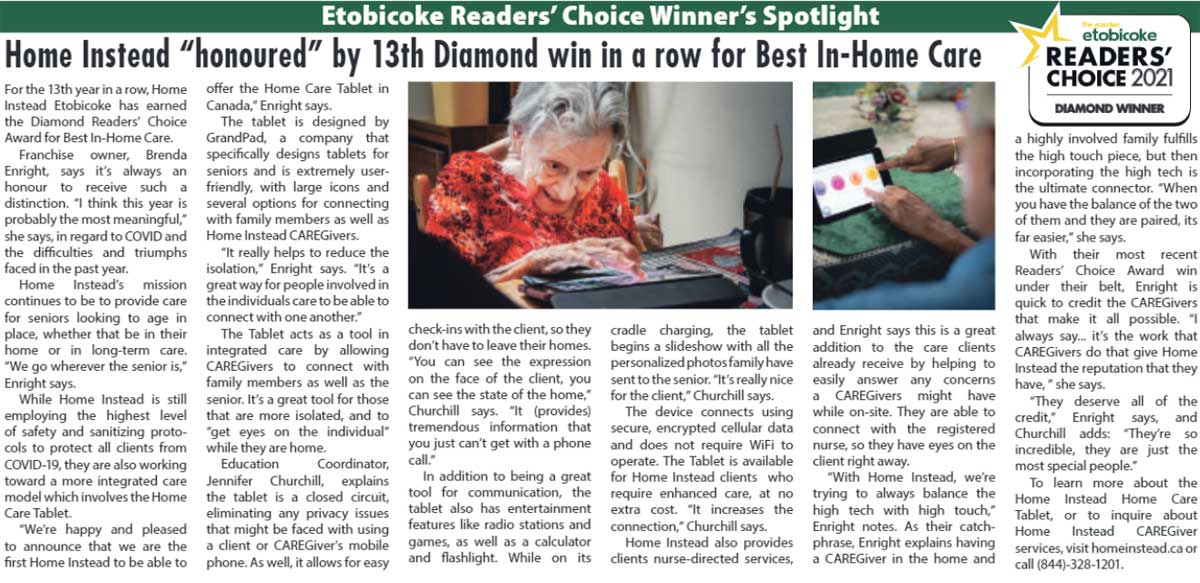 Press clip. Home Instead Honoured with 13th diamond award