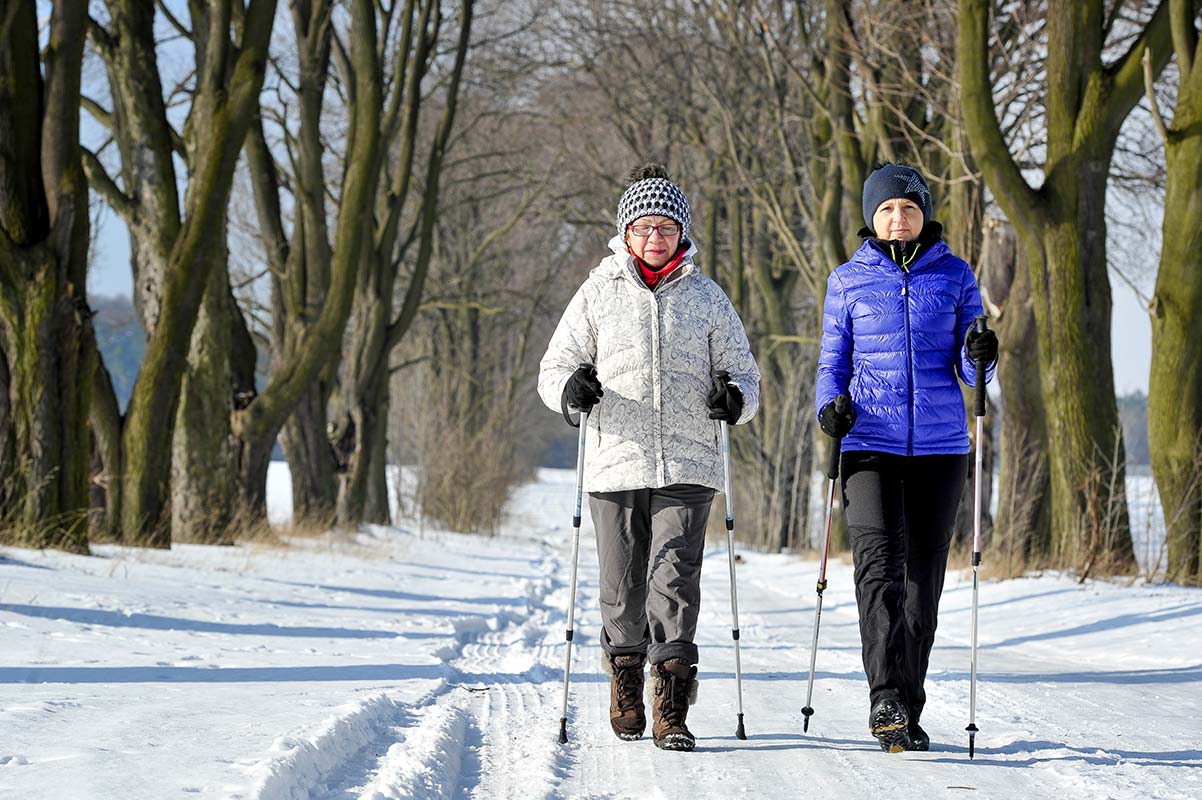 Senior and Caregiver during Nordic walking for fun and exercise