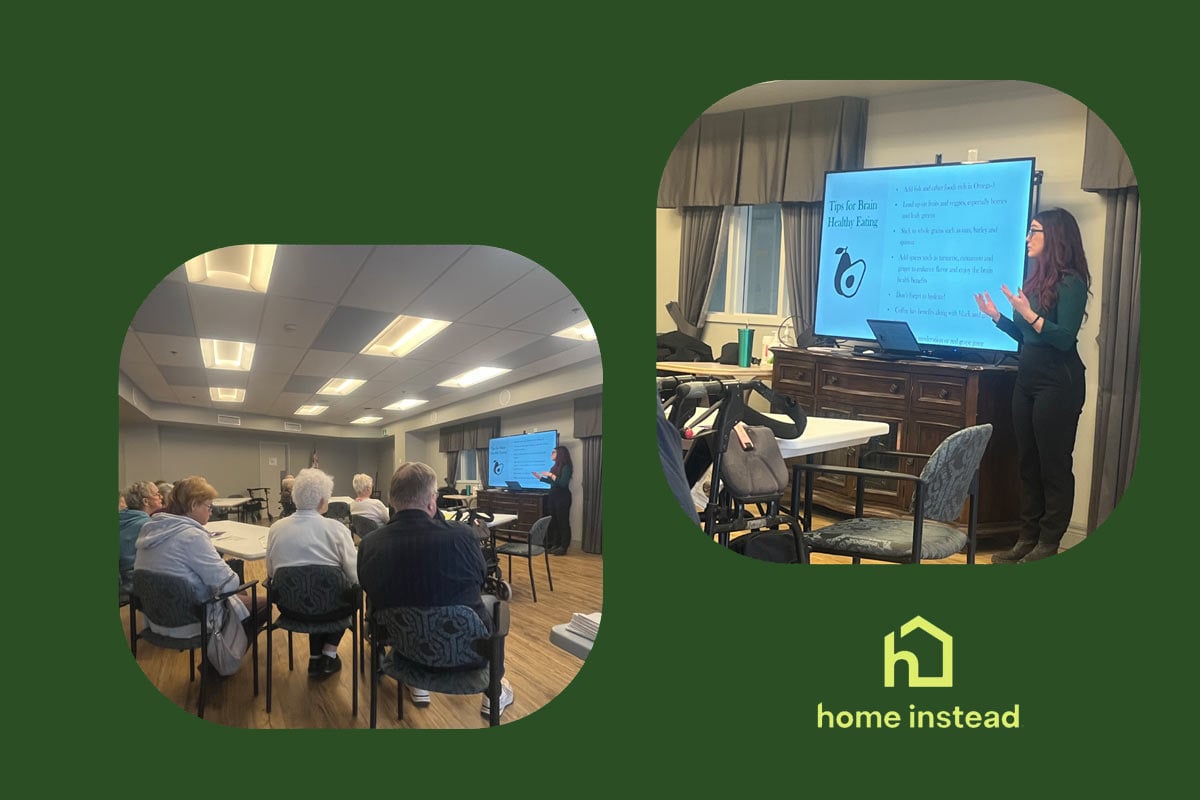 Collage of the 'Maintain Your Brain' workshop at Tranquility Place Retirement Home in Brantford, showing a presenter discussing brain health tips and attendees, including seniors and caregivers, engaging in the session.