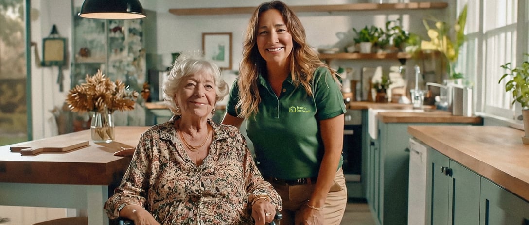 An elderly woman sits at a kitchen table, smiling warmly, with holiday decorations in the background, representing comfort and connection.