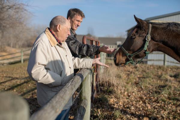 Senior man and son on a farm pet horse over fence